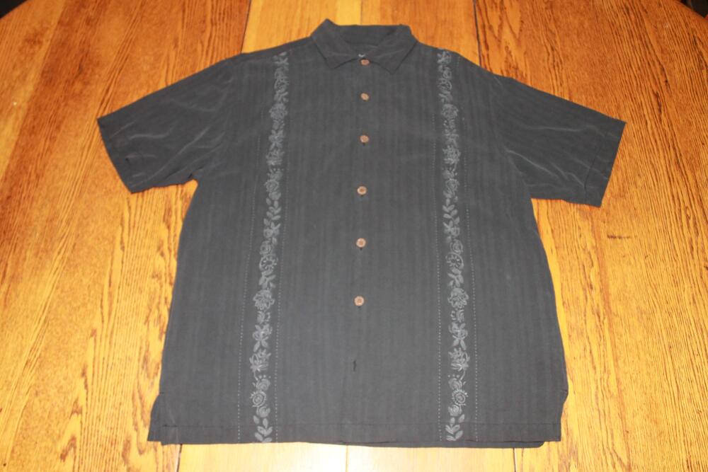 Tommy Bahama Shirt Mens Extra‎ Large Dark Grey Rayon Embroidered Hawaiian Casual
